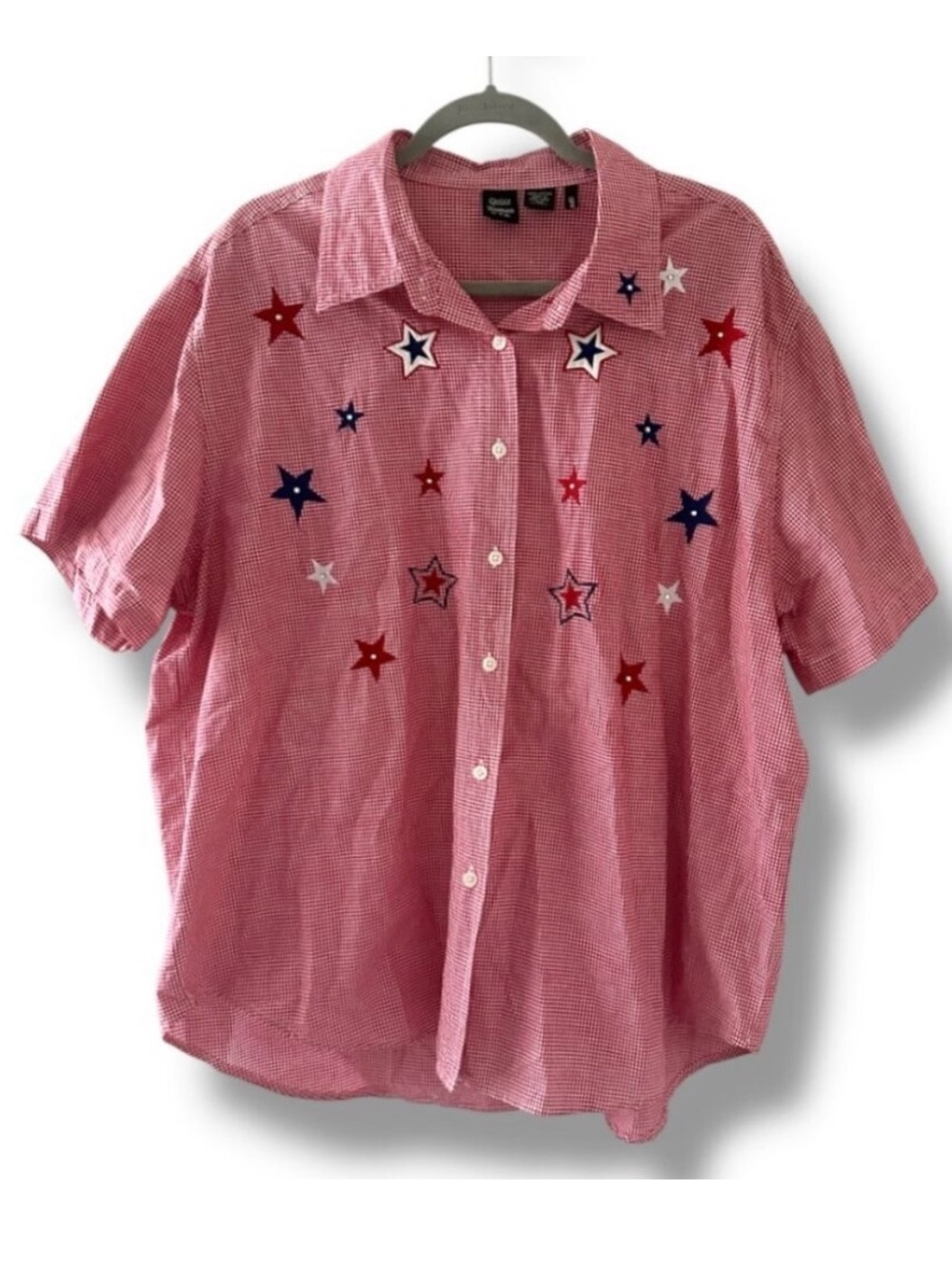 Vintage Quizz Red Gingham Button Up Shirt Women's Plus Size 22 Embroidered Stars